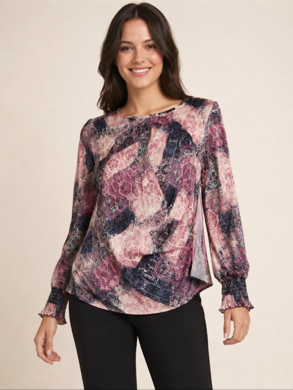 INC Medium Pink Paisley Abstract Print Draped Long Sleeve Blouse